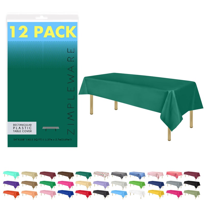 ZIMPLEWARE Premium Dark Green Plastic Table Cloth Disposable (12 Pk) Plastic Tablecloths for Rectangle Tables (54in x 108in) Party Table Cloths Disposable for 6ft to 8ft Rectangle Tables - Image 1